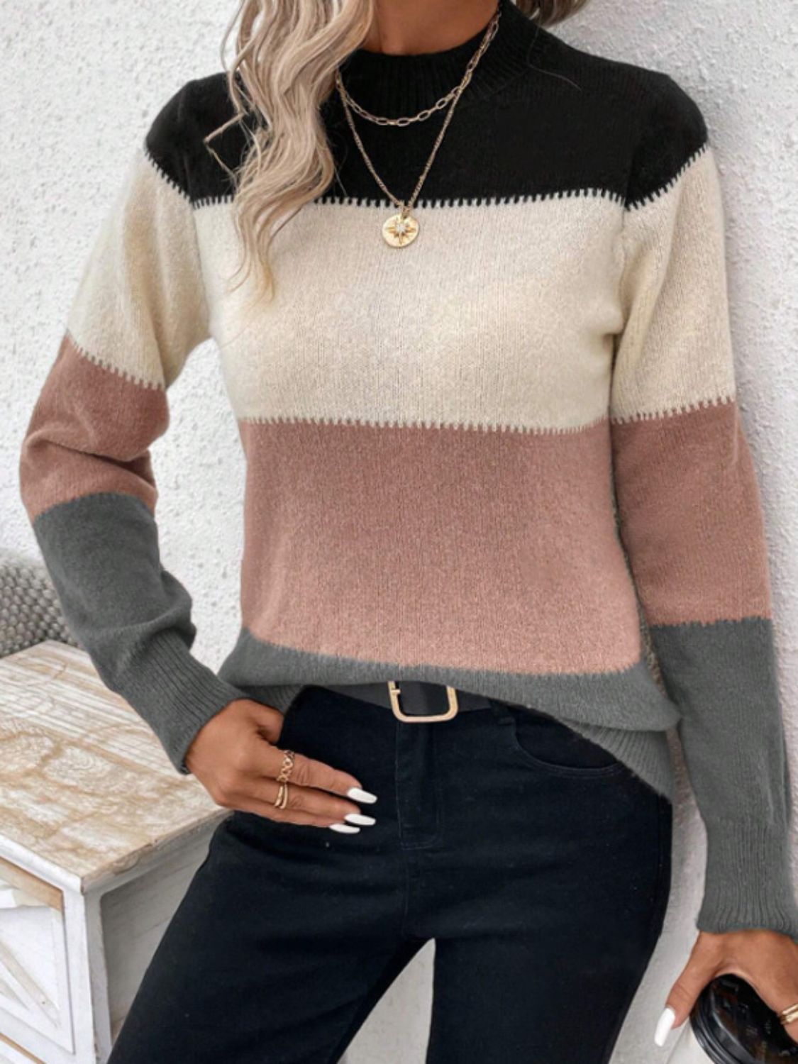 Dusty Pink Color Block Long Sleeve Sweater