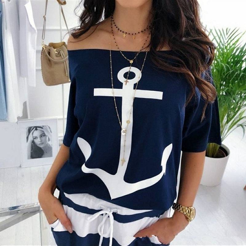 Stylish Loose Off-the-Shoulder Batwing Printed T-Shirt for Women S purplish blue
