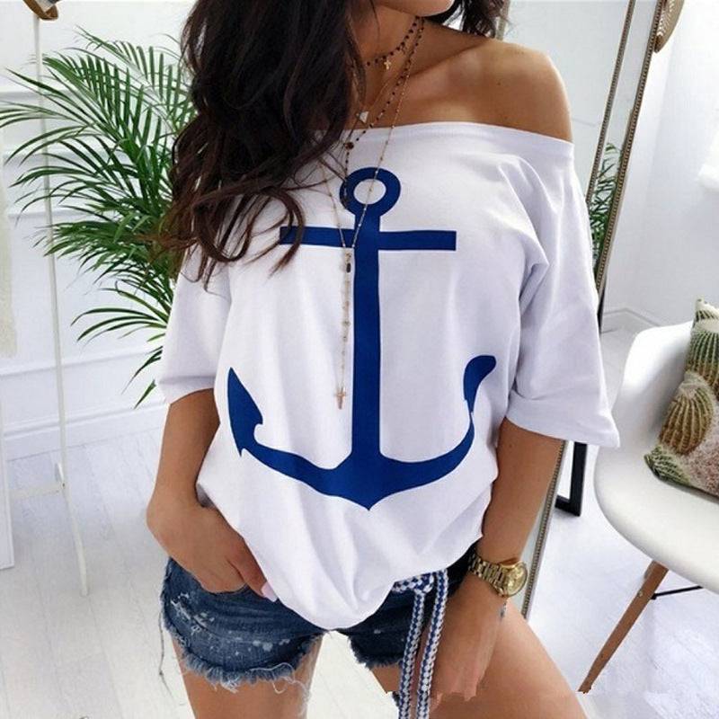 Stylish Loose Off-the-Shoulder Batwing Printed T-Shirt for Women S White