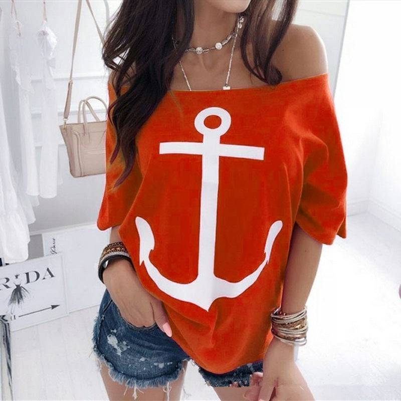 Stylish Loose Off-the-Shoulder Batwing Printed T-Shirt for Women S Coral Red
