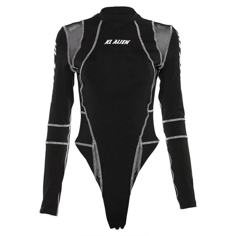 Floral Print Long Sleeve Mesh Jumpsuit for Women S Black