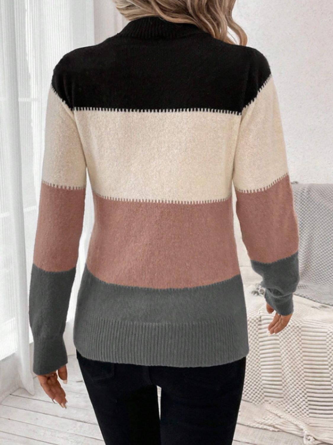 Dusty Pink Color Block Long Sleeve Sweater