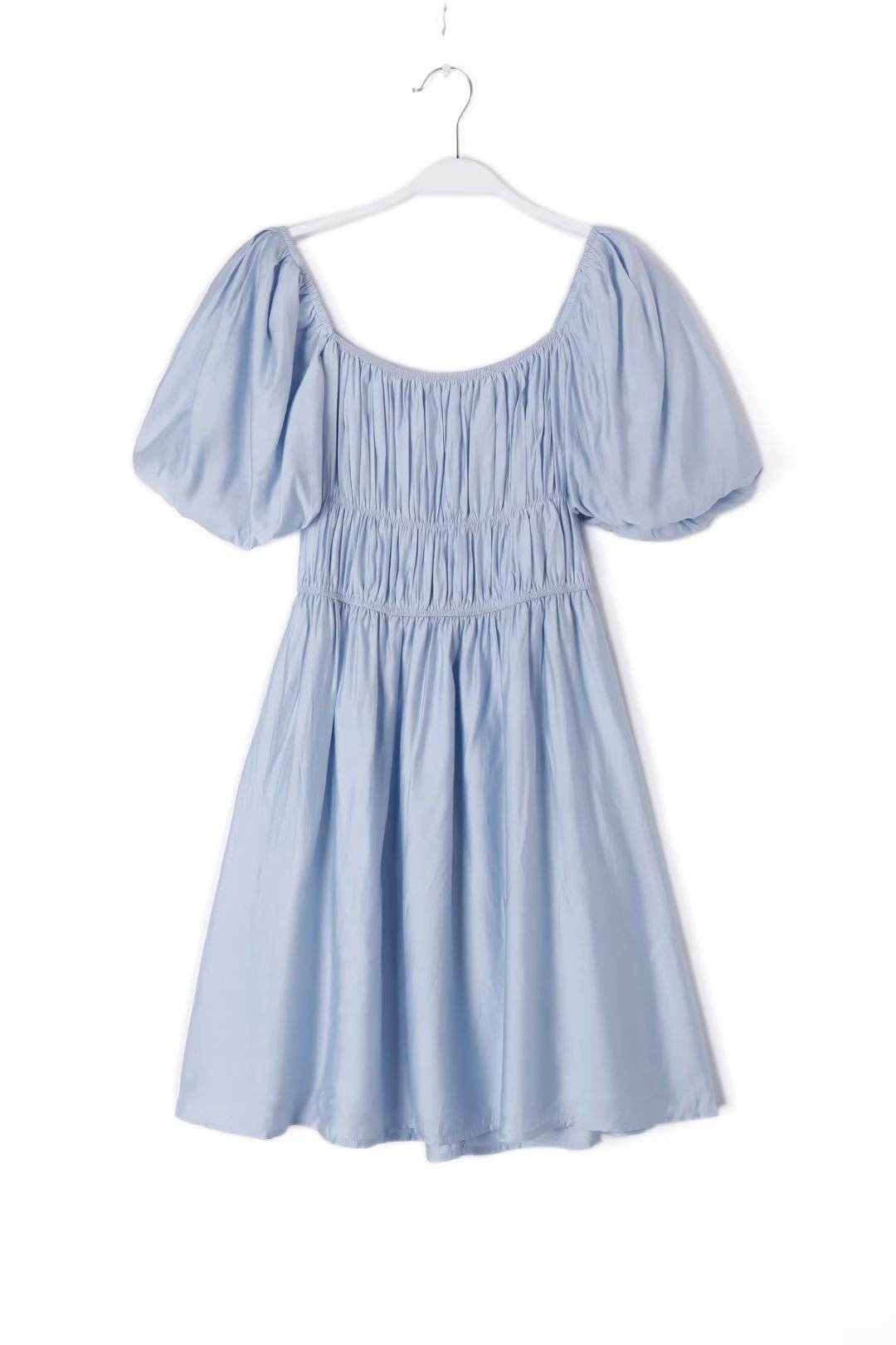 Vintage French Style Square Collar Cotton Dress with Puff Sleeves S Light Blue