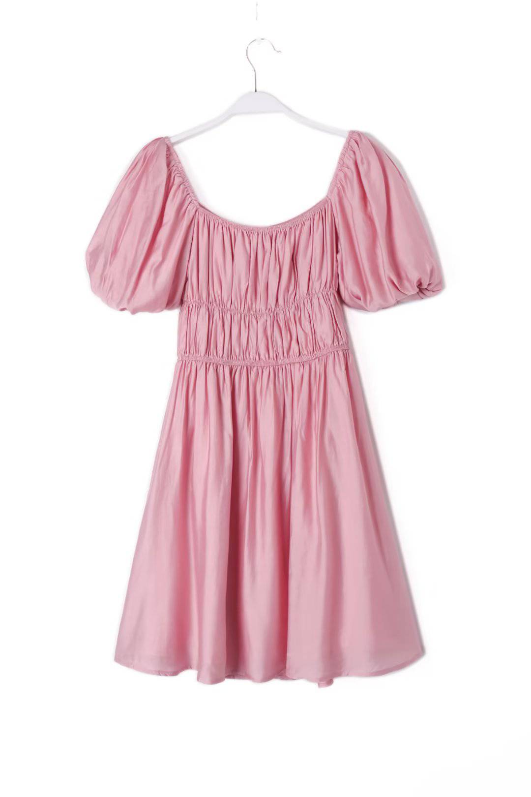 Vintage French Style Square Collar Cotton Dress with Puff Sleeves S Pink