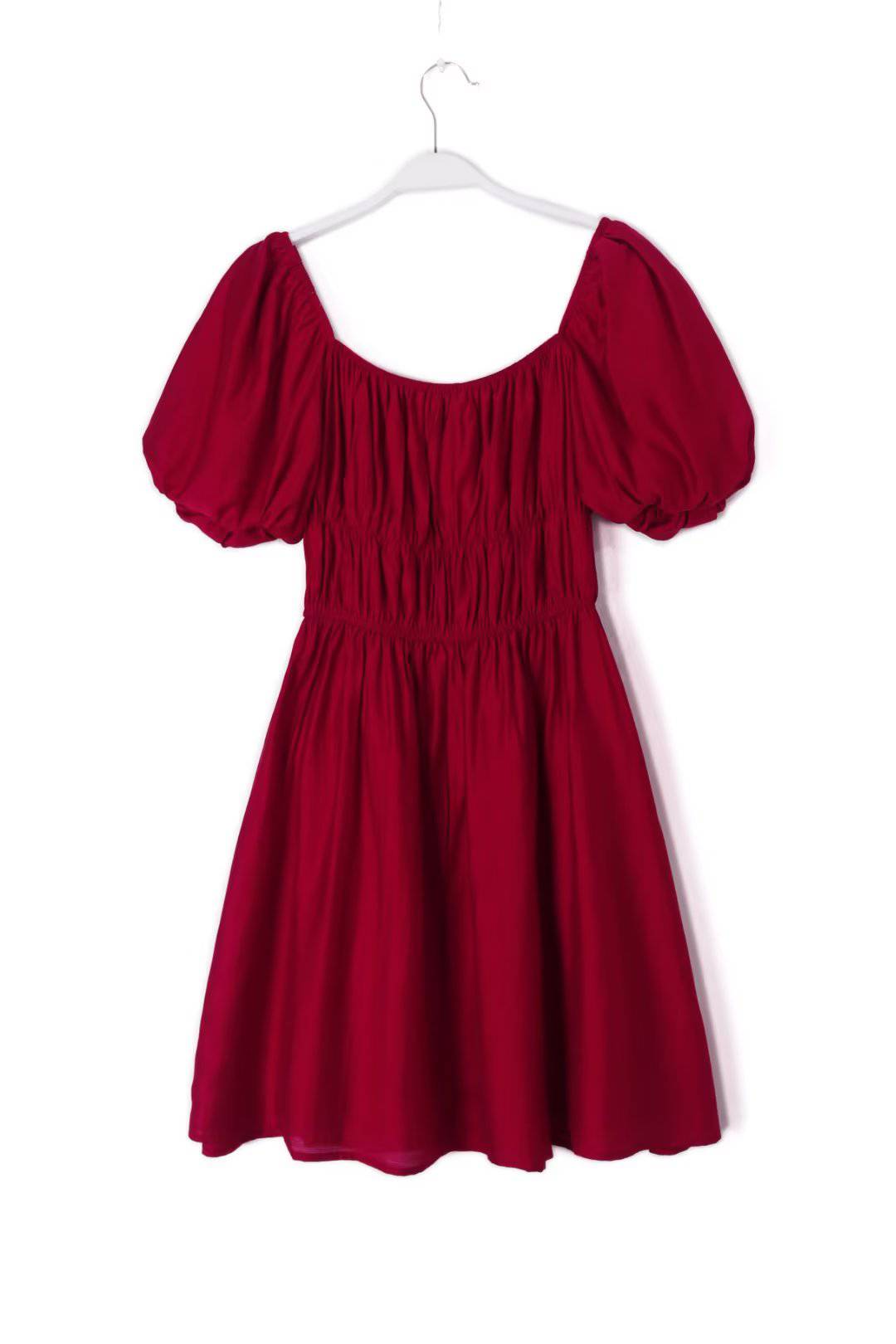 Vintage French Style Square Collar Cotton Dress with Puff Sleeves S Burgundy