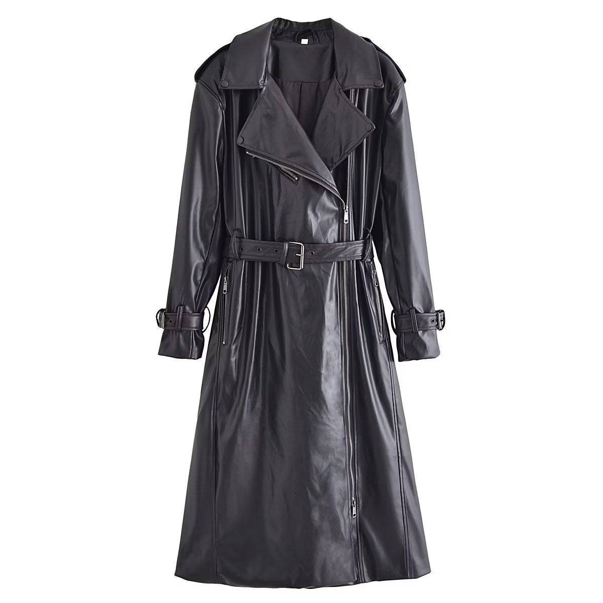 Women's Black Faux Leather Trench Coat with Belt for Fall XS Black