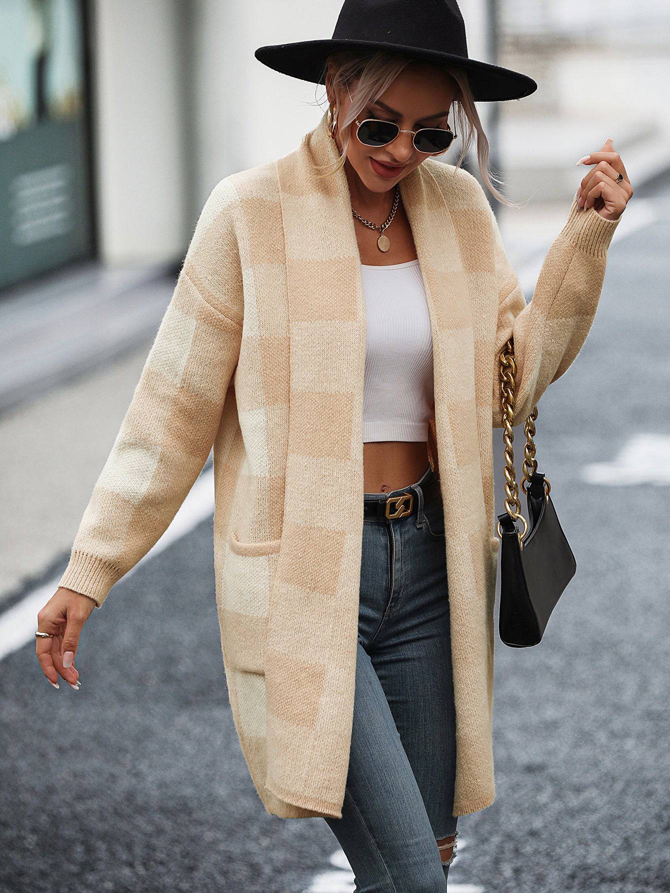 Loose Plaid Color Knitted Cardigan Sweater for Women S Apricot