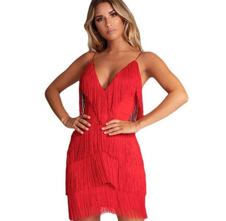 Seductive Tassel Backless Dress with Deep V-Neck S Red