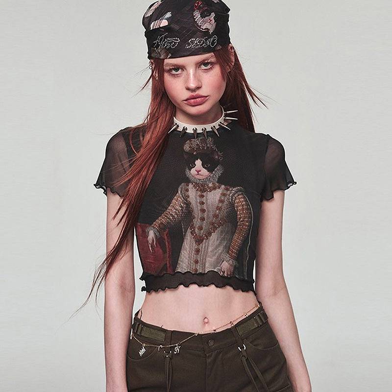 Retro Cat Print Mesh Top for Women