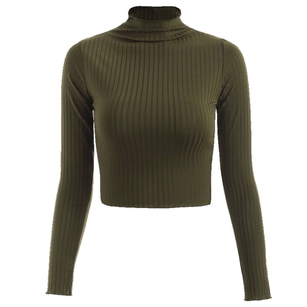 Stylish and Warm Slim-Fit Knitted Cropped Top Sweater S Army Green