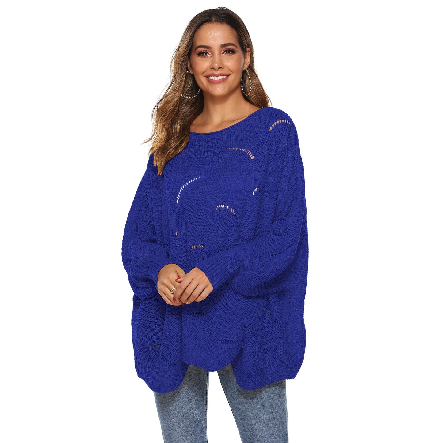Irregular Asymmetric Loose Batwing Sleeve Sweater with Hollow Out Design S Blue