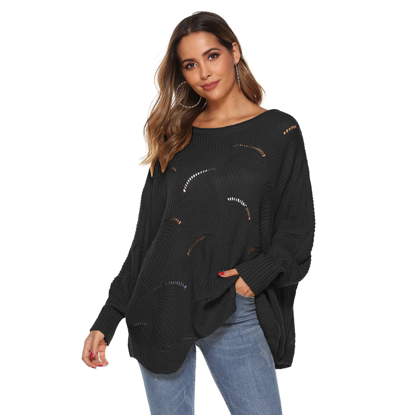 Irregular Asymmetric Loose Batwing Sleeve Sweater with Hollow Out Design S Black
