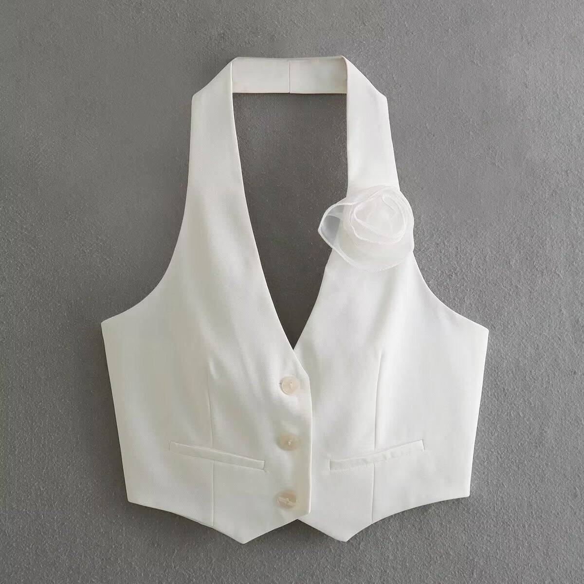 Floral Backless Crop Top with 3D Decoration for Women's Summer Fashion S White