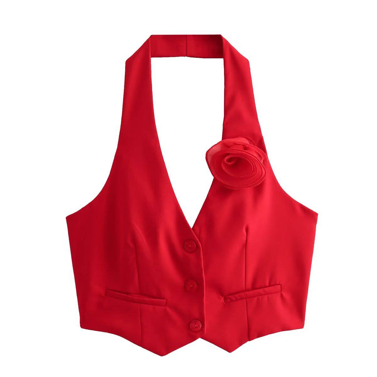 Floral Backless Crop Top with 3D Decoration for Women's Summer Fashion S Red