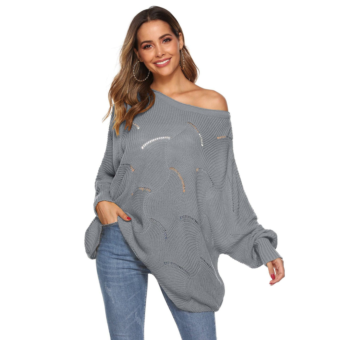 Irregular Asymmetric Loose Batwing Sleeve Sweater with Hollow Out Design S Gray
