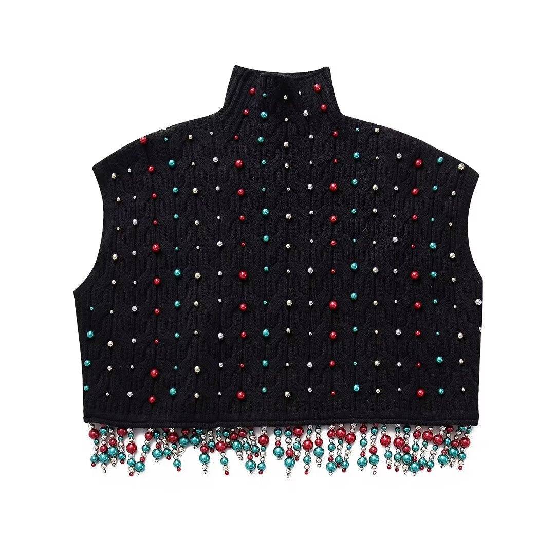 Pearl-Embellished Tassel Knit Vest for Women's Winter Fashion S Black