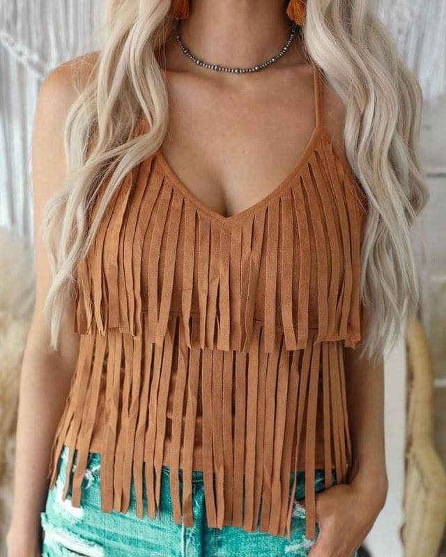 Ladies V Neck Double Layered Tassel Camisole Suede Vest S Dark Brown
