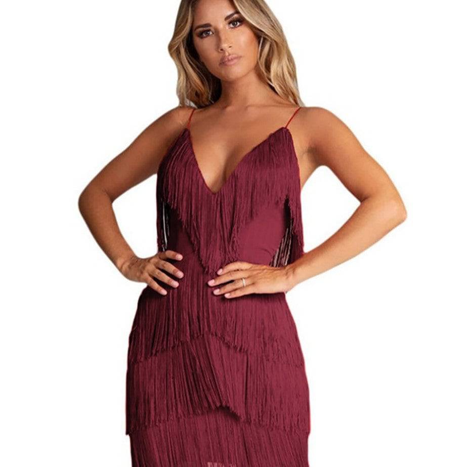 Seductive Tassel Backless Dress with Deep V-Neck S Burgundy