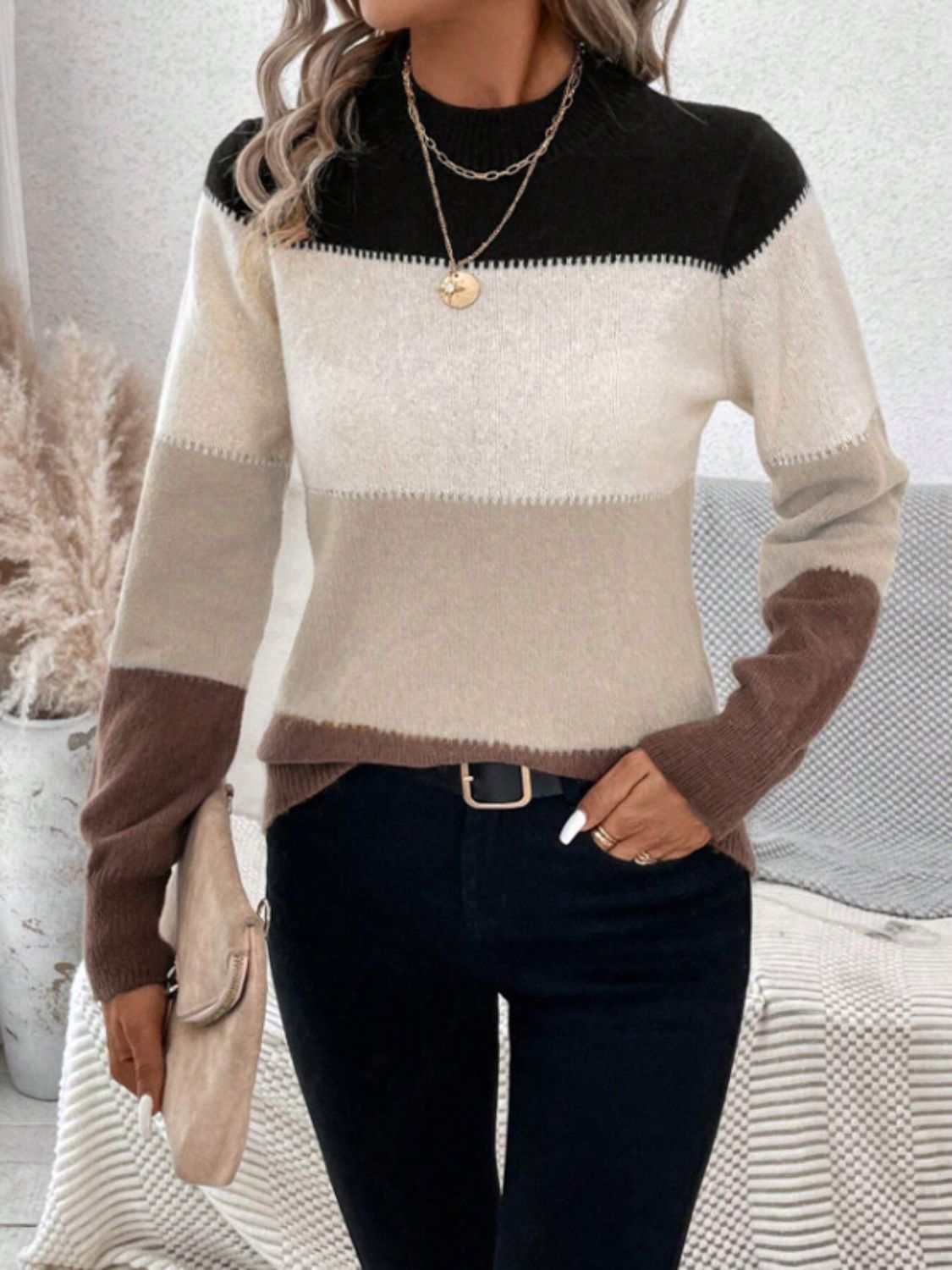 Camel Color Block Long Sleeve Sweater