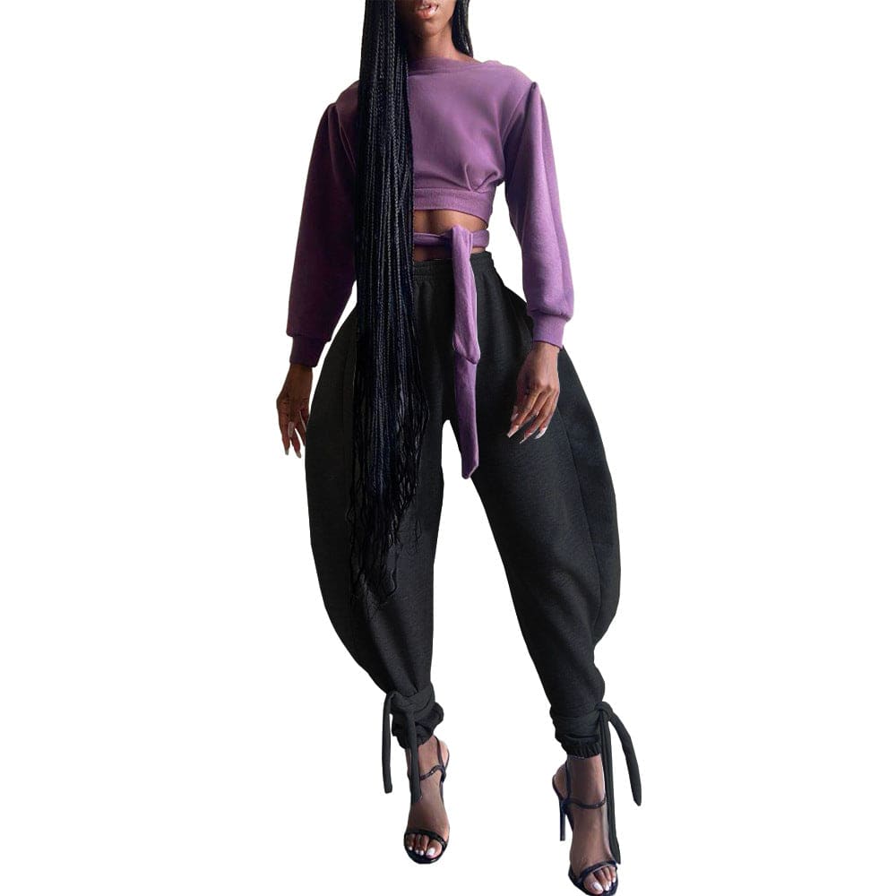 Lace-Up Ankle-Tied Wide Leg Polyester Pants for Women S Black