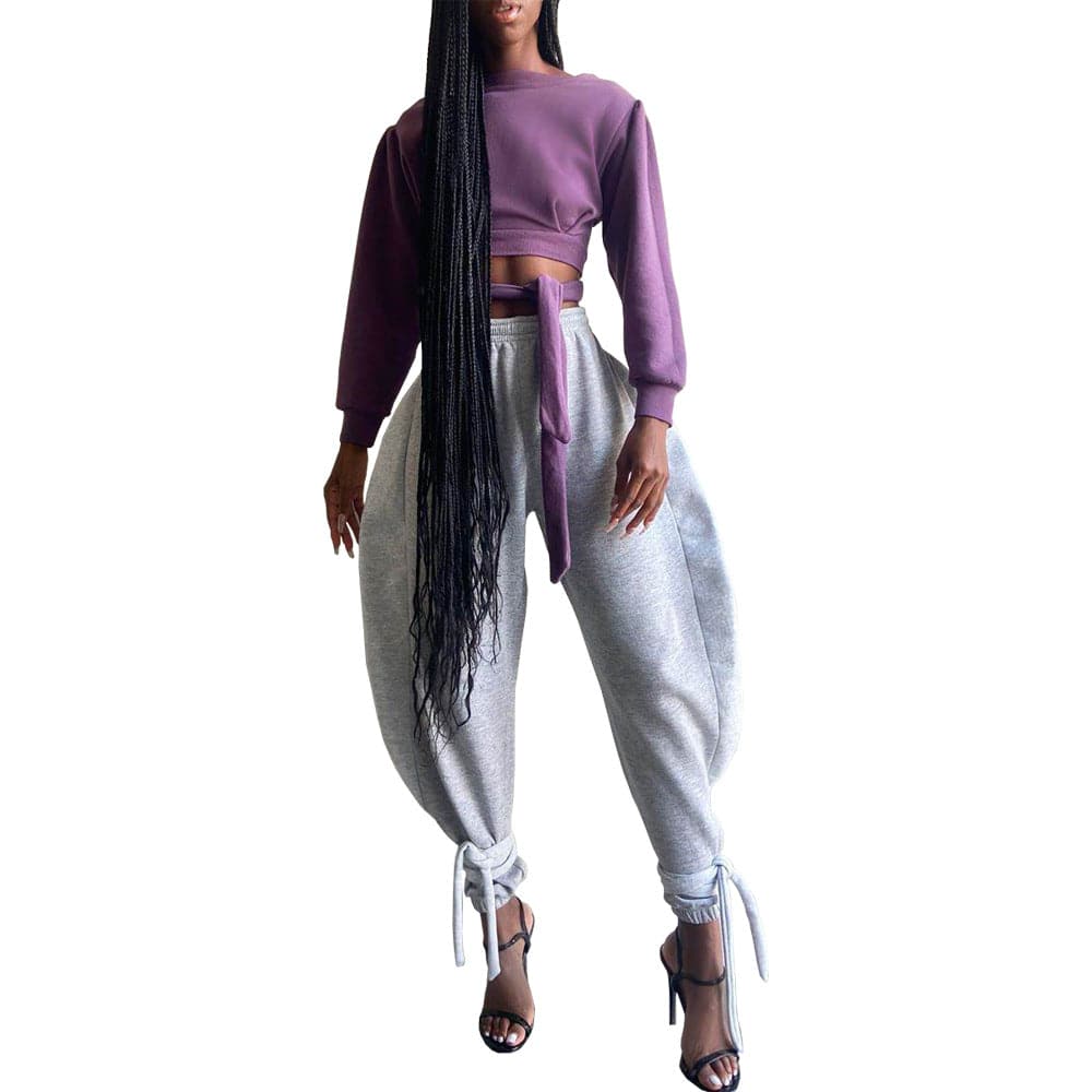 Lace-Up Ankle-Tied Wide Leg Polyester Pants for Women S Gray