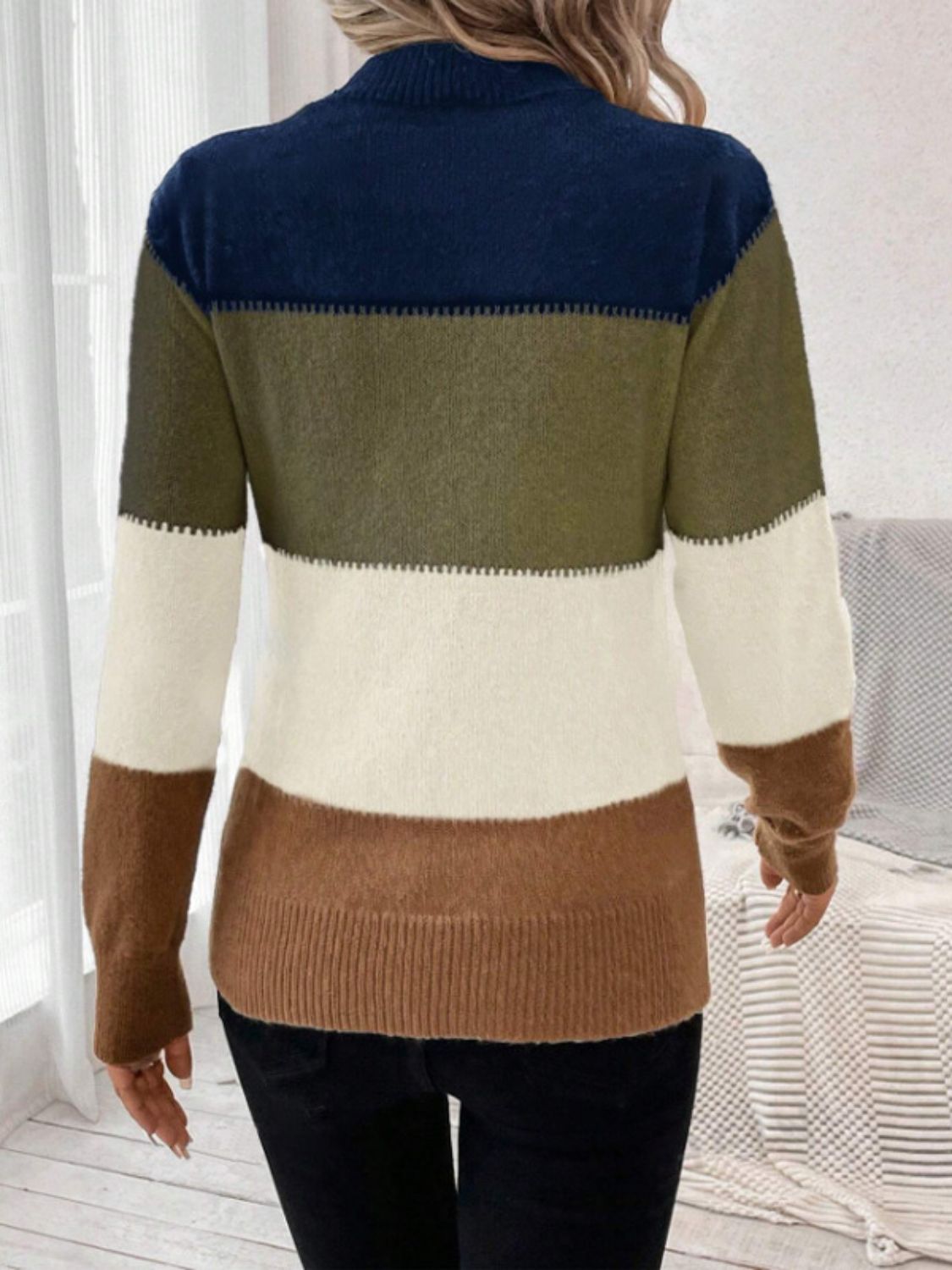 Moss Color Block Long Sleeve Sweater