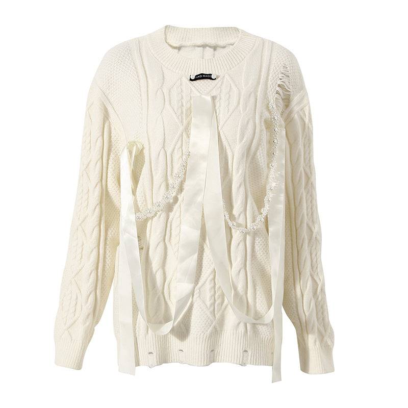 Elegant Pearl Chain Accent Sweater for Women S White