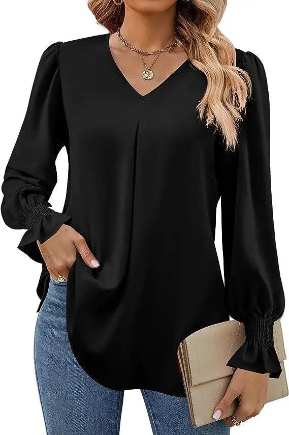 Elegant Loose Fit Chiffon V-Neck Ruffle Top with Lantern Sleeves S Black