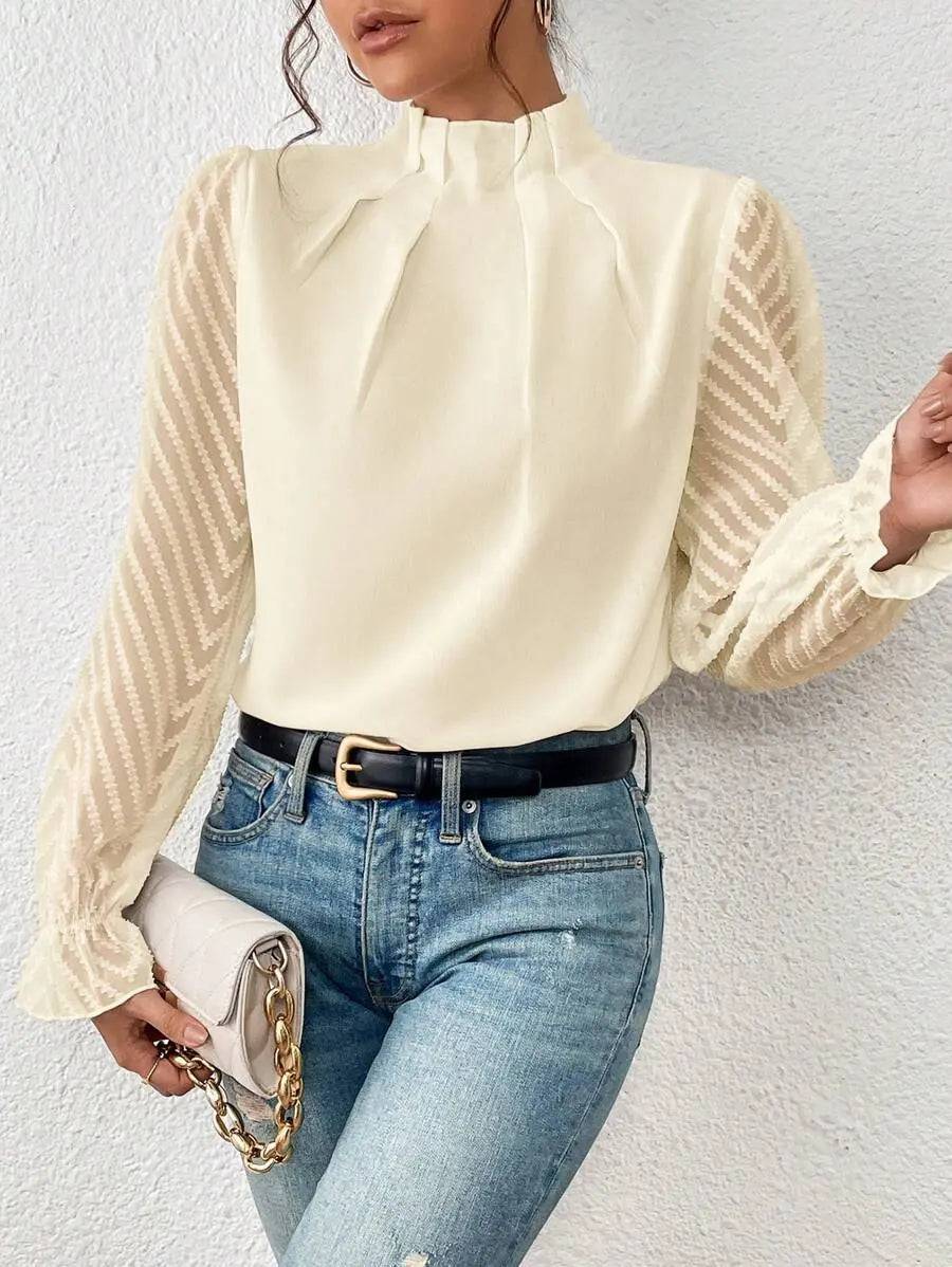 Elegant Chiffon Long Sleeve Top with Mock Neck and Lantern Sleeves S Ivory
