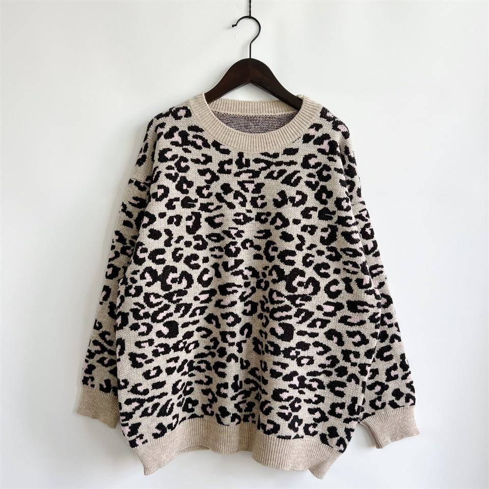 Leopard Print Sweater for Stylish Fall and Winter Casual Outfits S Khaki Powder