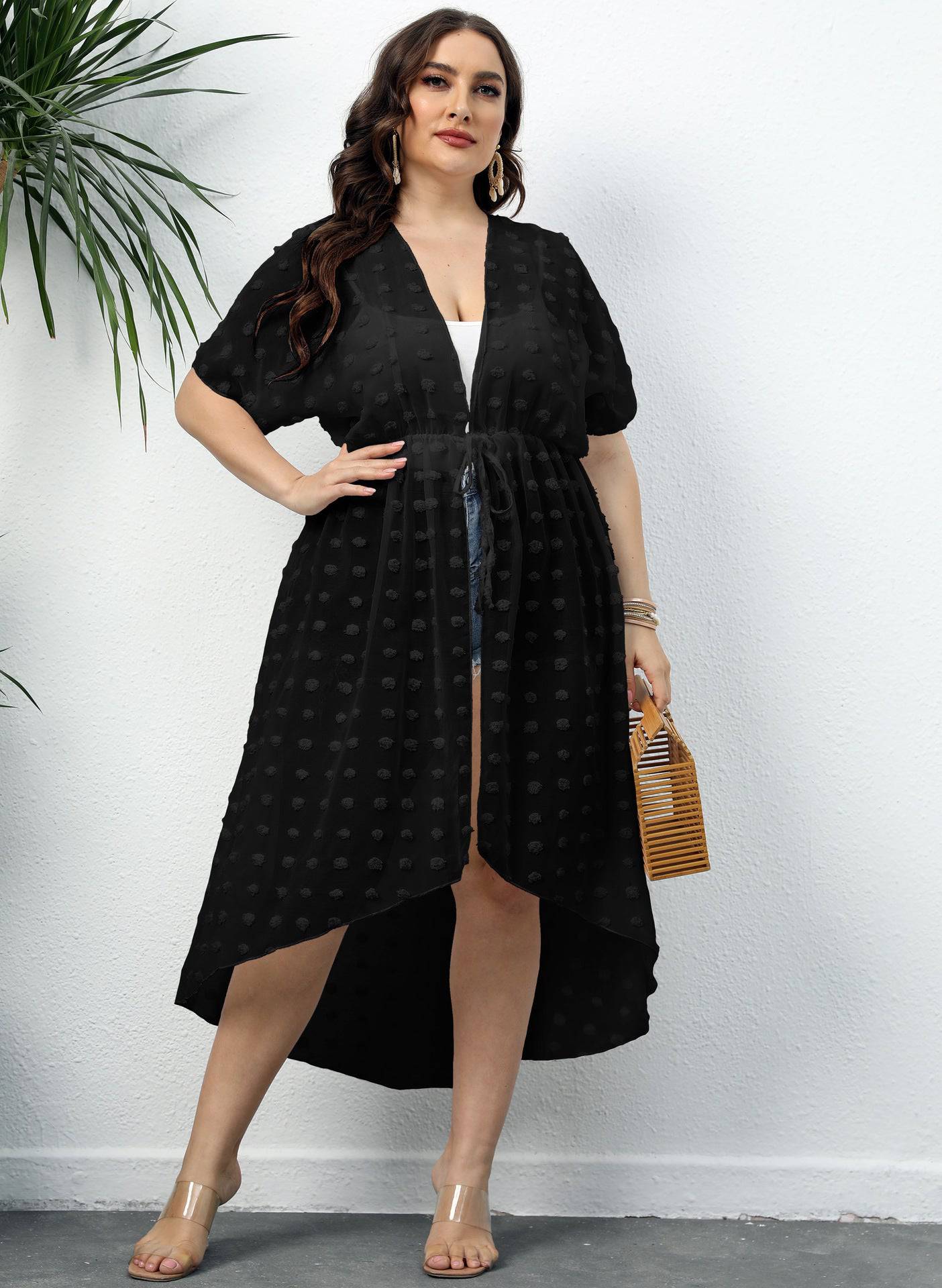 Polka Dot Three Dimensional Chiffon Beach Sun Protection Shirt 1XL Black