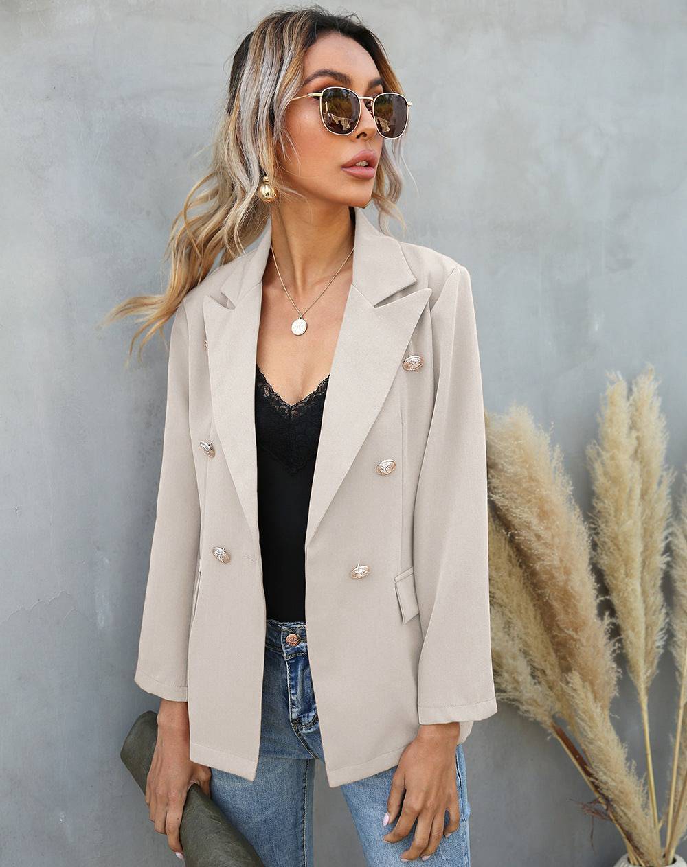 Spring/Autumn Women's Collared Button-Up Polyester Blazer S Apricot