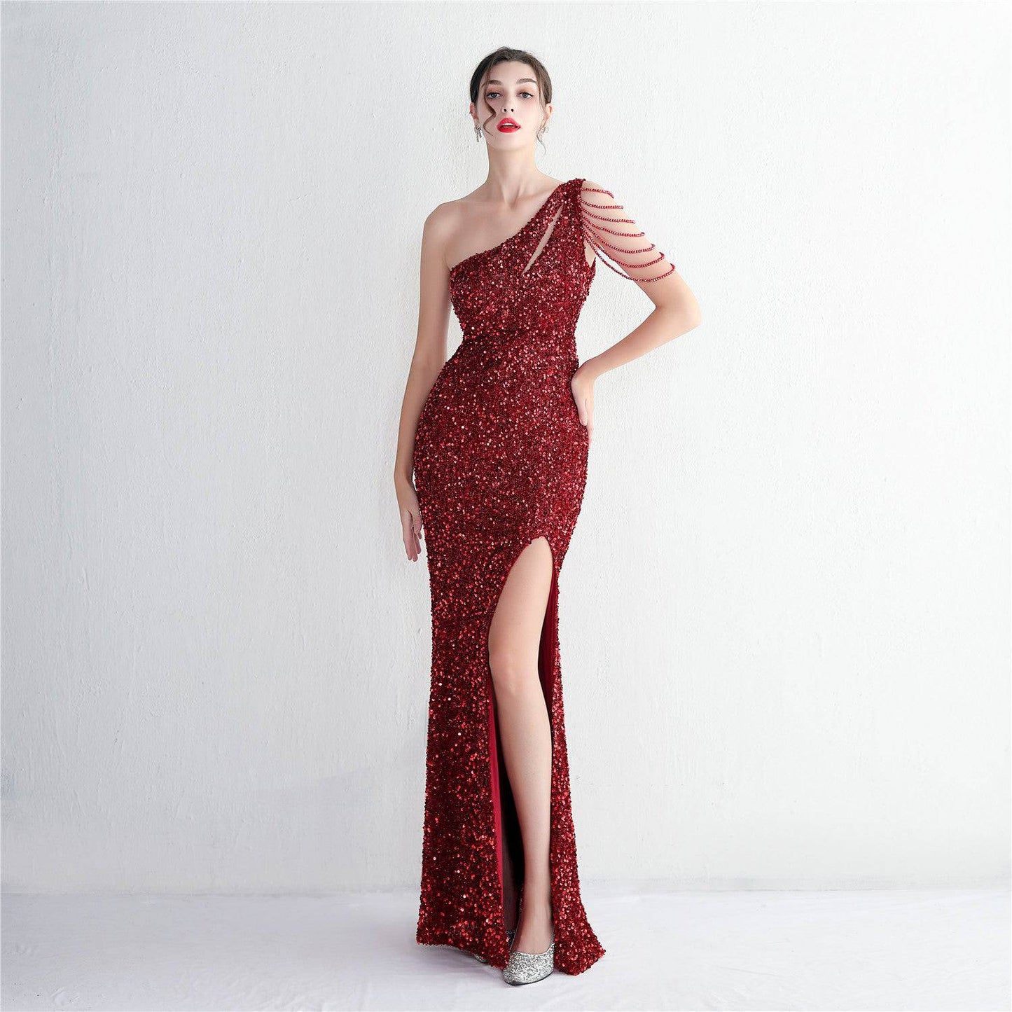 Imitation Handmade Sequin Craft Beaded Shoulder Appreciation Dinner Slim Fit Fishtail Wedding Car Model Exhibition Socialite S Deep Red