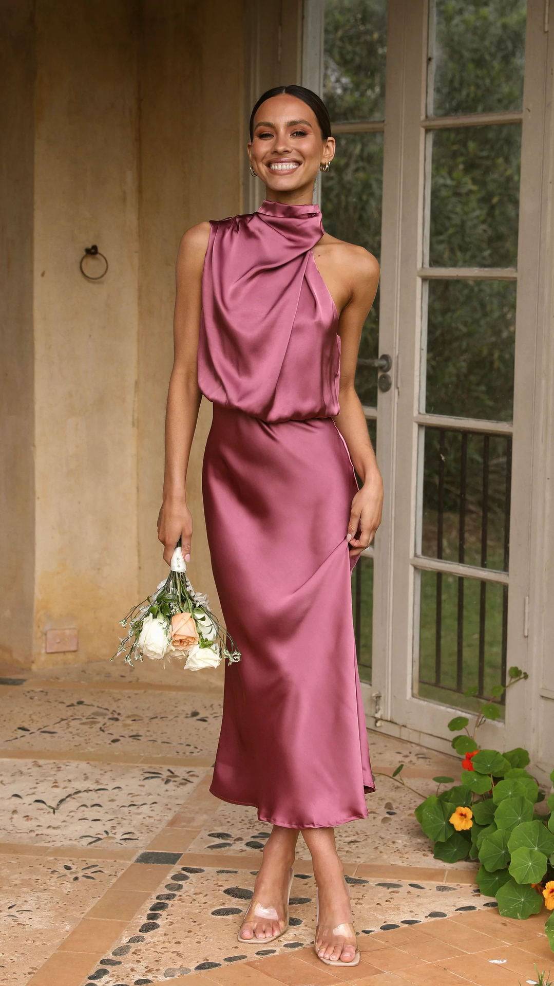 Satin Maxi Dress with Mock Neck and Cutout Detail for Sophisticated Women S Coral Red
