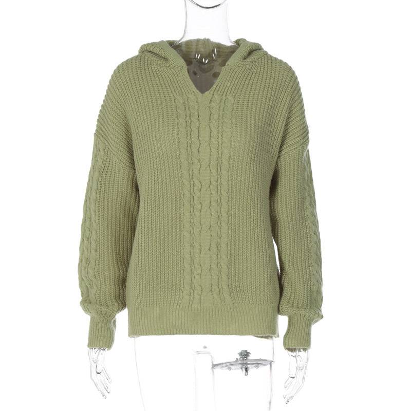 Hooded Loose Fit Knitted Sweater for Women S Green