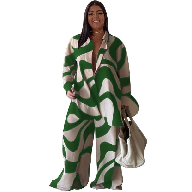 Floral Print Plus Size Suit with Loose-Fit Shirt and Straight Leg Trousers for Women 0XL Green
