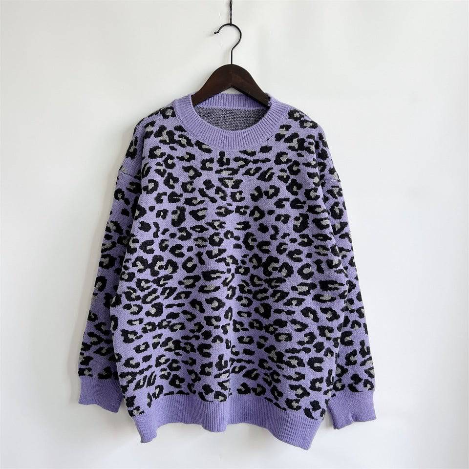 Leopard Print Sweater for Stylish Fall and Winter Casual Outfits S Purple Gray