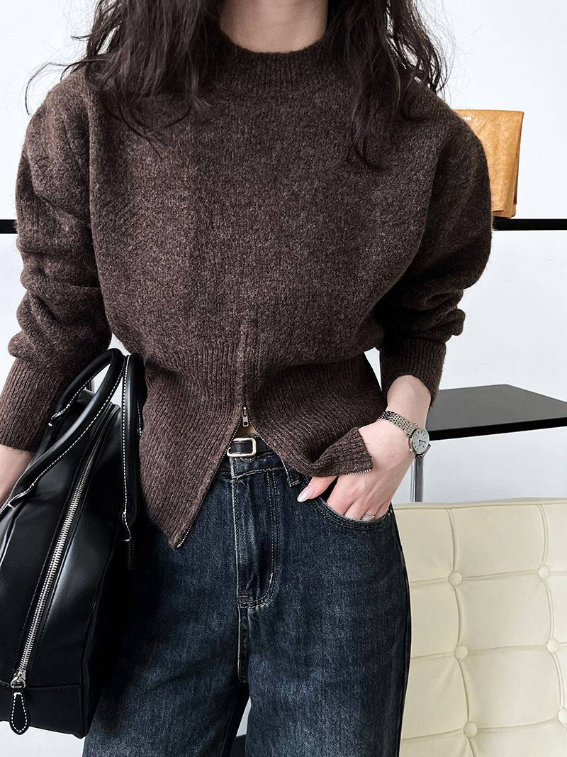 Stylish Zipper Sweater with Unique Design for Fall/Winter One Size Coffee