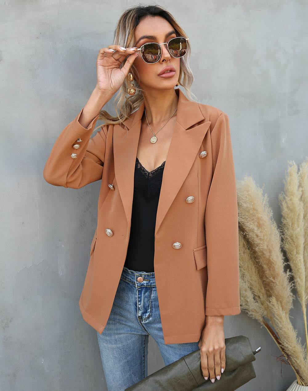 Spring/Autumn Women's Collared Button-Up Polyester Blazer S Khaki