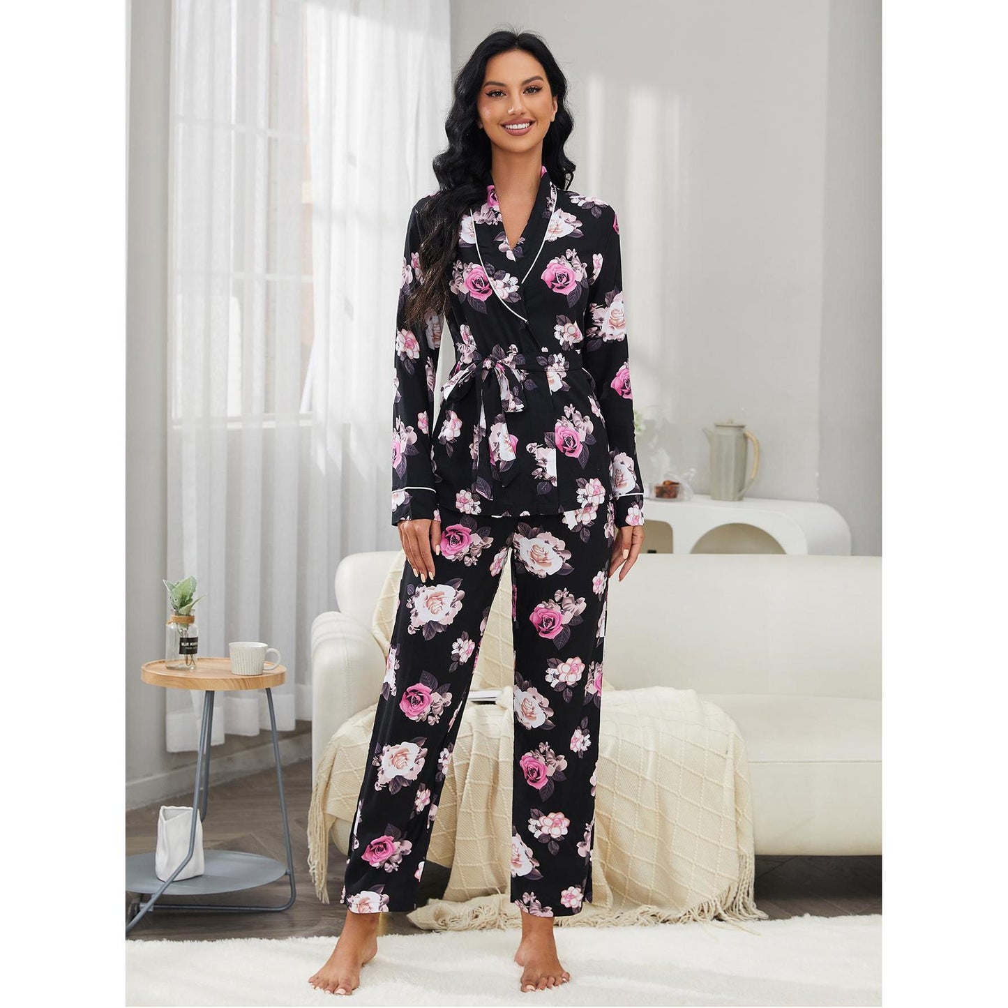 Floral Belted Two Piece Set for Women's Nightwear and Lounging S Black