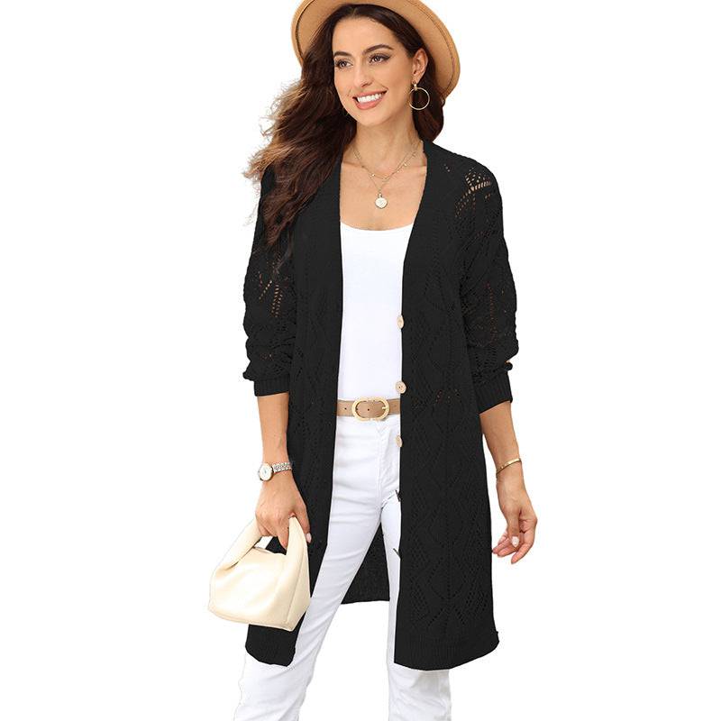 Elegant Solid Color Hollow Out Long Sleeve Cardigan for Women S Black