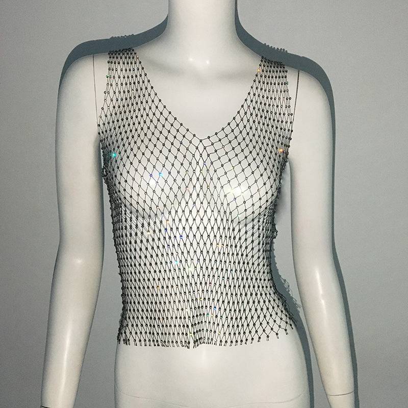 Mesh Rhinestone Fishnet Vest Top Sexy Sexy Sling Mesh Rhinestone V Neck Vest S Black