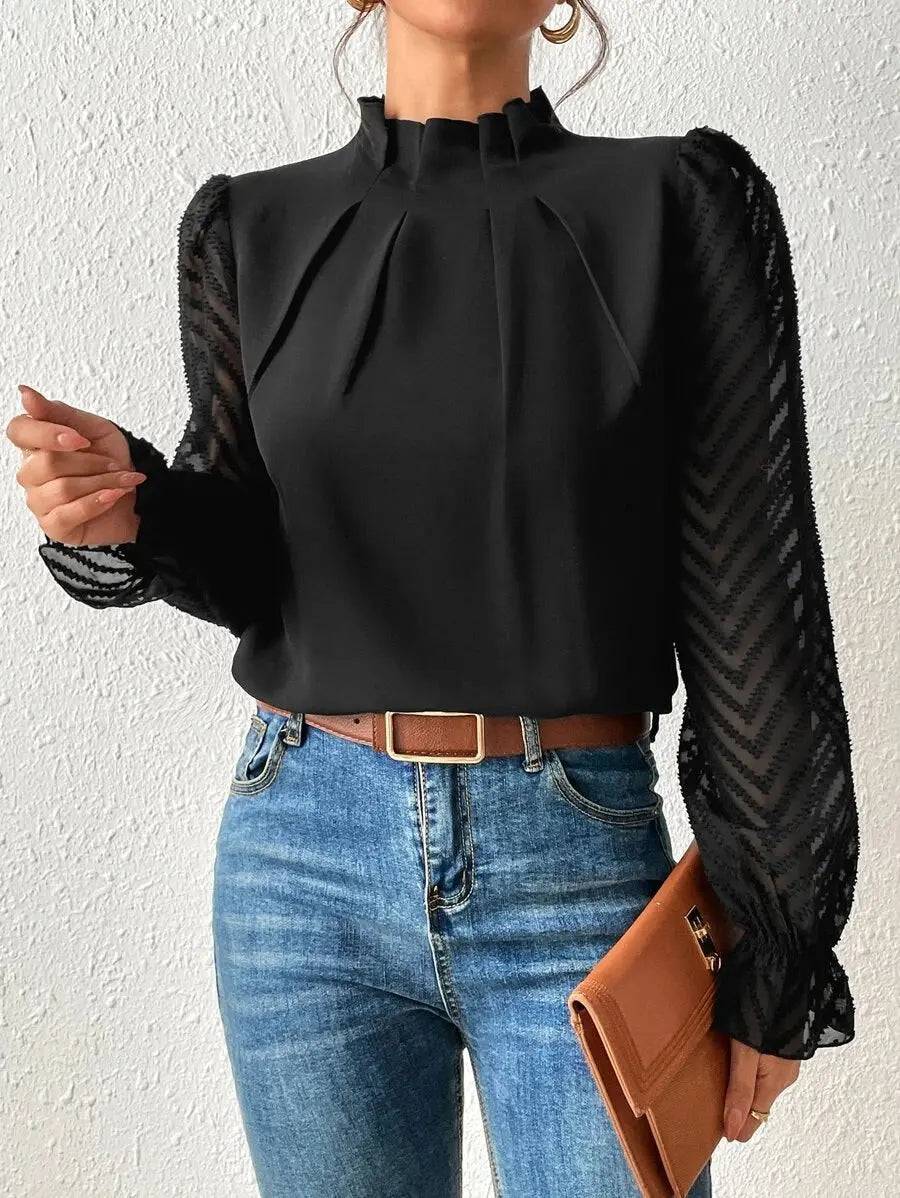 Elegant Chiffon Long Sleeve Top with Mock Neck and Lantern Sleeves S Black