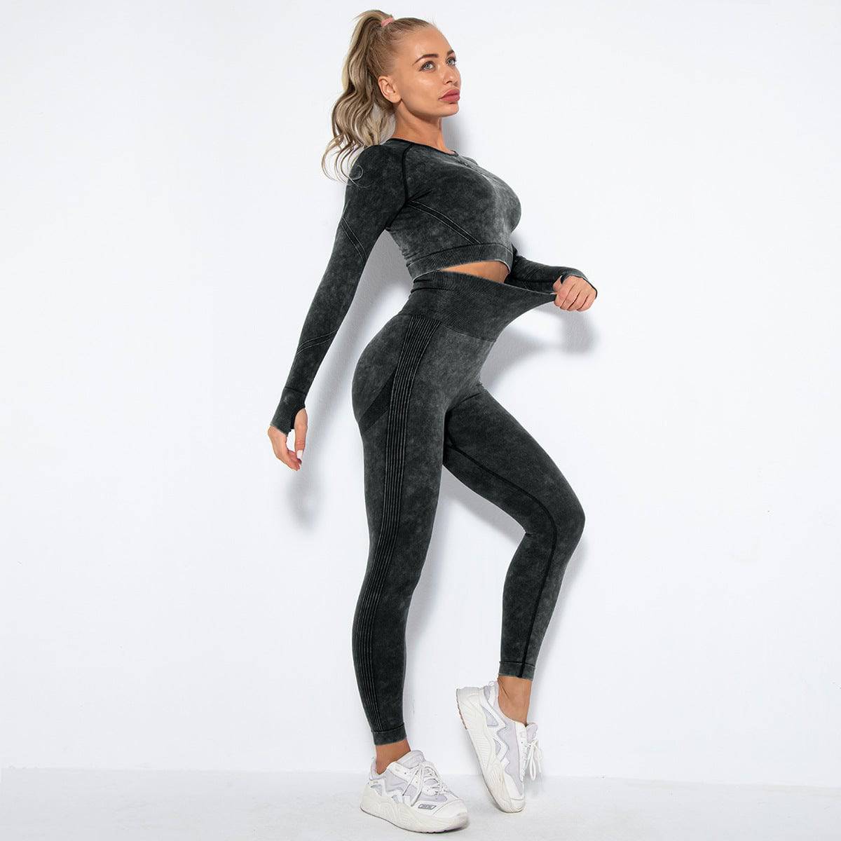 Internet Celebrity Seamless Washed Smile Yoga Suit Outdoor Sports Workout Sexy Hip Yoga Pants S Long Sleeve Trousers Suit-Washed Black