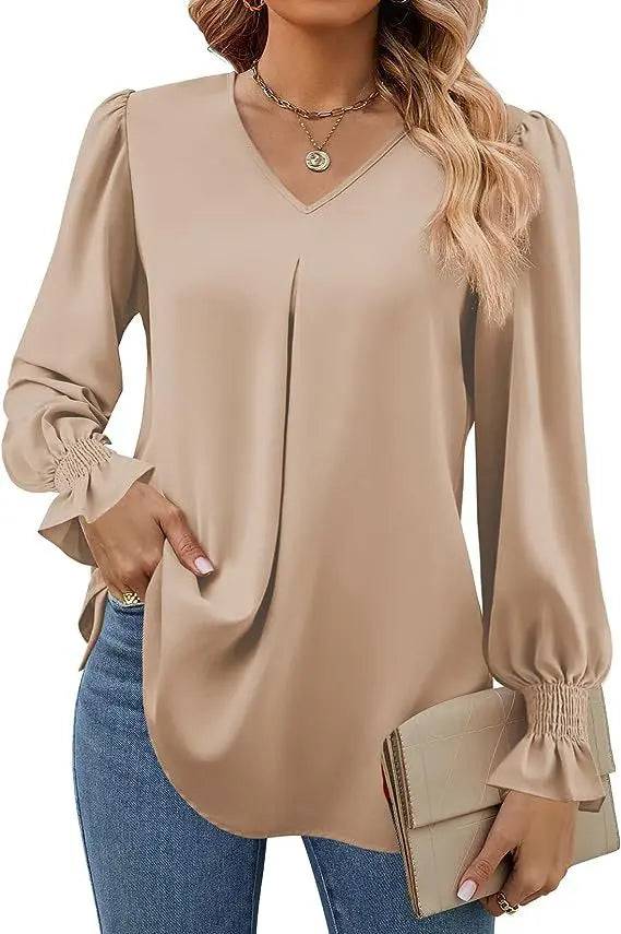 Elegant Loose Fit Chiffon V-Neck Ruffle Top with Lantern Sleeves S Khaki