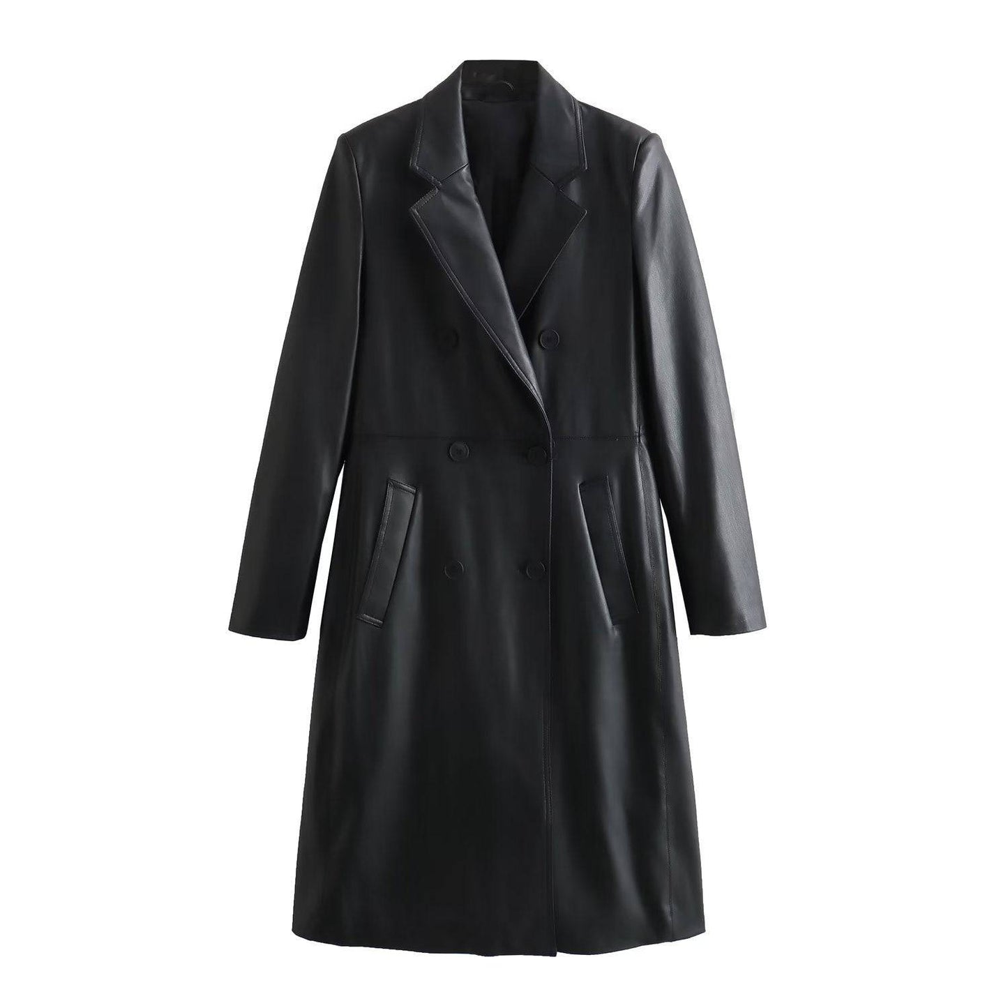 Fashionable Loose Fit Faux Leather Mid Length Coat for Women XS Black
