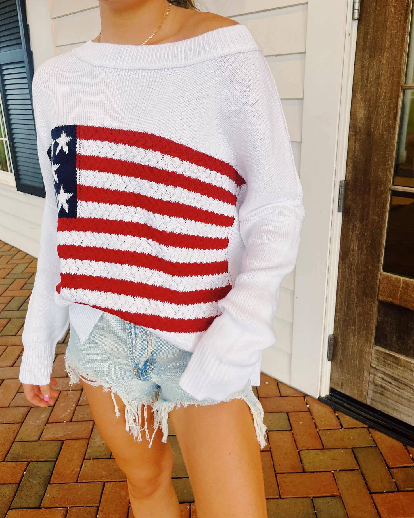 Trendy Five Pointed Star Striped Off The Shoulder Sweater for Women S White