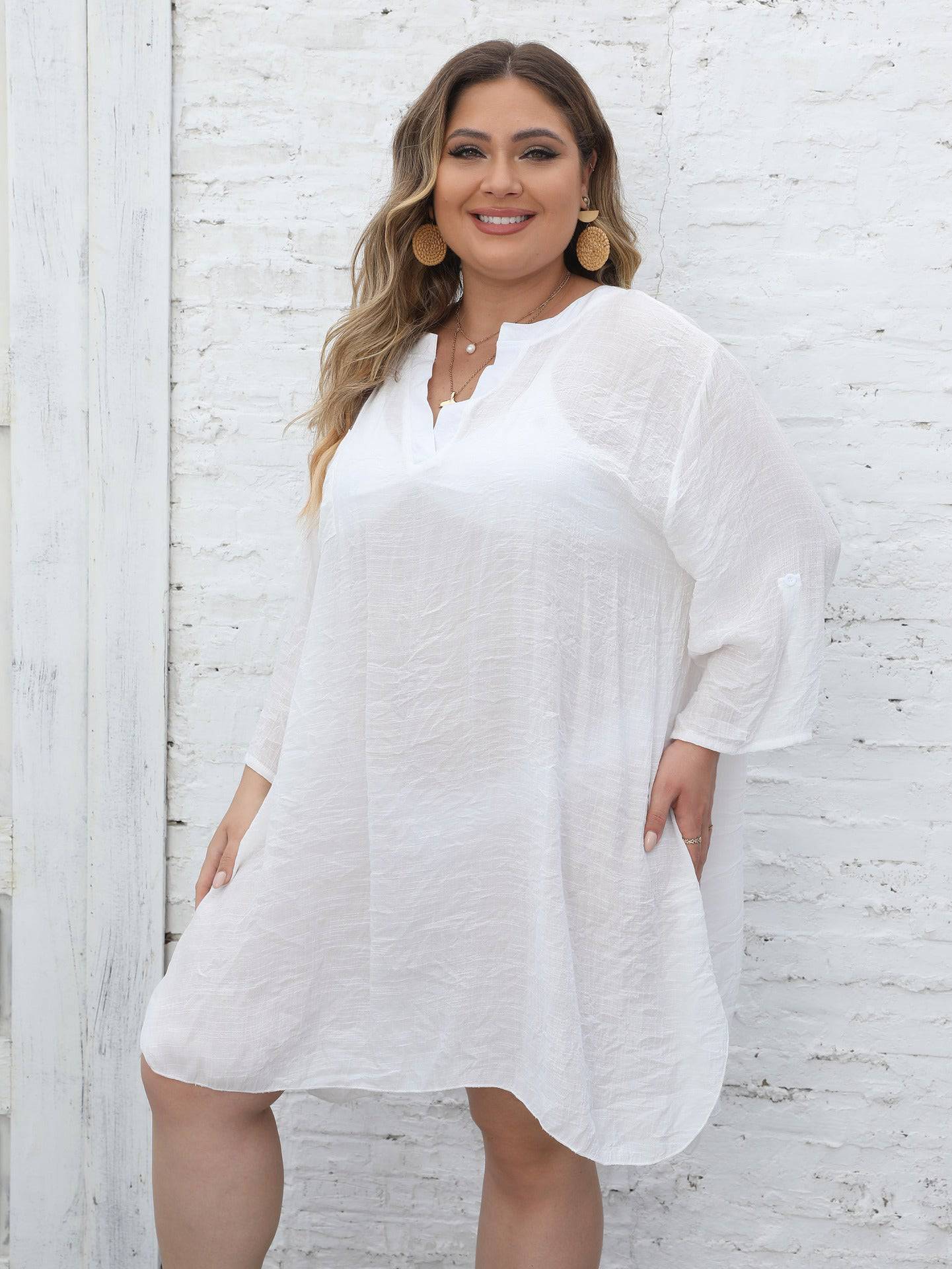 Seaside Allure Plus Size Beach Cover-Up Dress One Size White