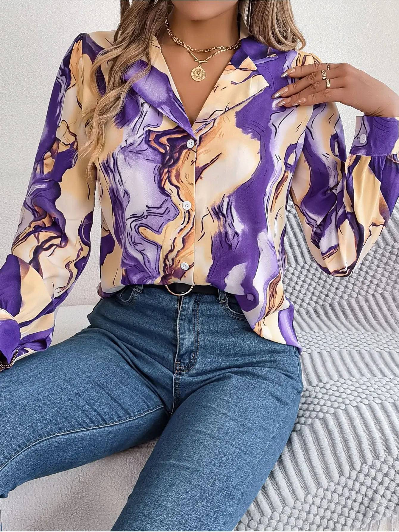 Casual Striped Collar Long Sleeve Shirt for Women S Purple