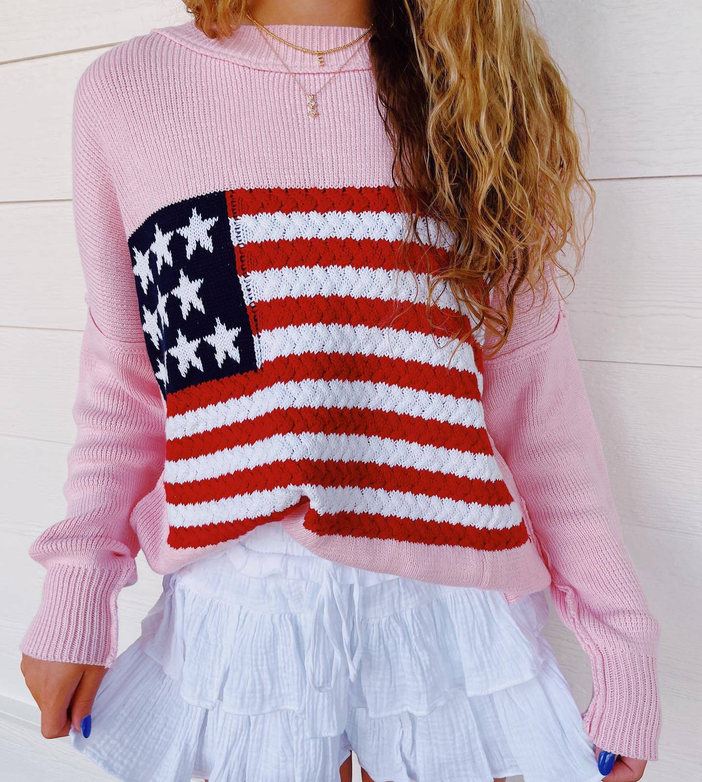 Trendy Five Pointed Star Striped Off The Shoulder Sweater for Women S Pink